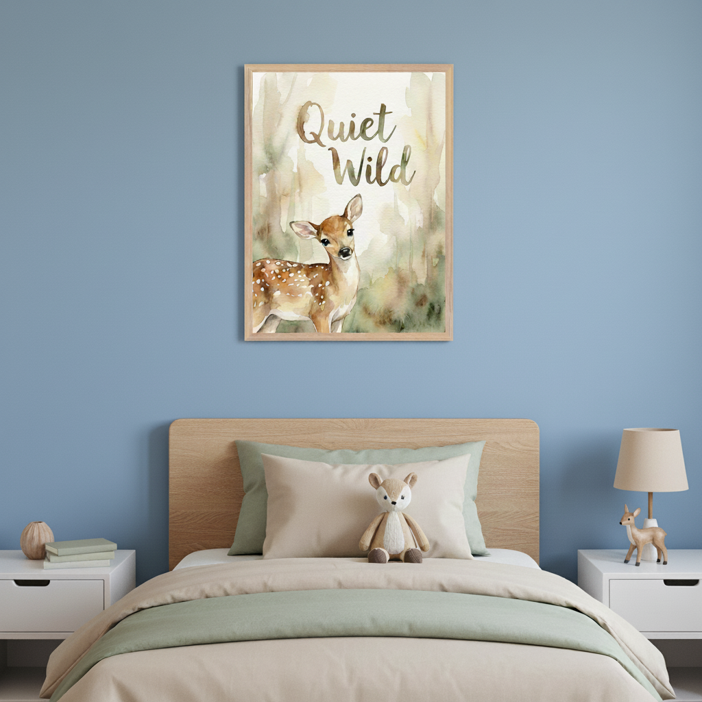 Kid's bedroom with a wooden bed against a blue wall. A framed watercolor print of a fawn and "Quiet Wild" hangs centered above the bed. White nightstands flank the bed, one with books, the other a lamp. A deer plush toy is on the bed.