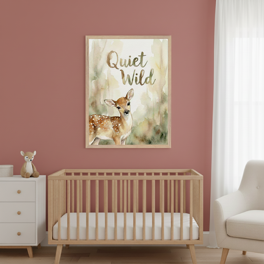 Modern nursery with a terracotta wall, light wood crib, white dresser, and white armchair. A large framed watercolor print of a spotted fawn with "Quiet Wild" text hangs centered above the crib.