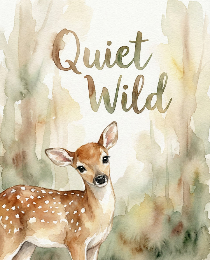 Watercolor illustration of a young fawn with white spots standing in a soft forest background with the phrase “Quiet Wild” written in hand-painted script capturing the innocence and calm of woodland wildlife

