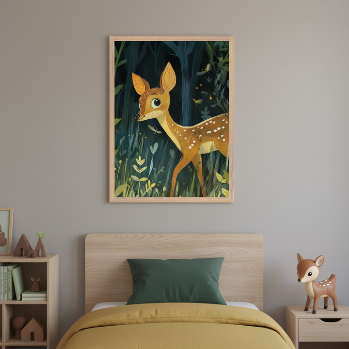 Kid's bedroom with a wooden bed, dark green pillow, yellow duvet, and a light wood nightstand. Above the bed, a framed illustration of a cartoon fawn in a dark forest with fireflies and green plants. A wooden bookshelf is to the left.