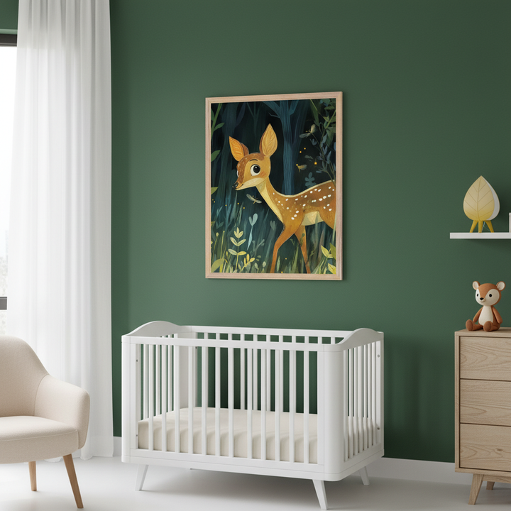 Modern nursery with dark green walls. A large framed illustration of a fawn in a dark forest with glowing plants hangs above a white crib. A light wood dresser with a deer plush and a beige armchair are also visible.