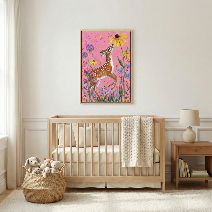 A serene nursery features a bright, vertical framed illustration centered on a white wall. The artwork depicts a small, spotted fawn reaching up toward a large yellow flower, surrounded by an array of purple and blue blossoms against a vibrant pink backdrop. 
