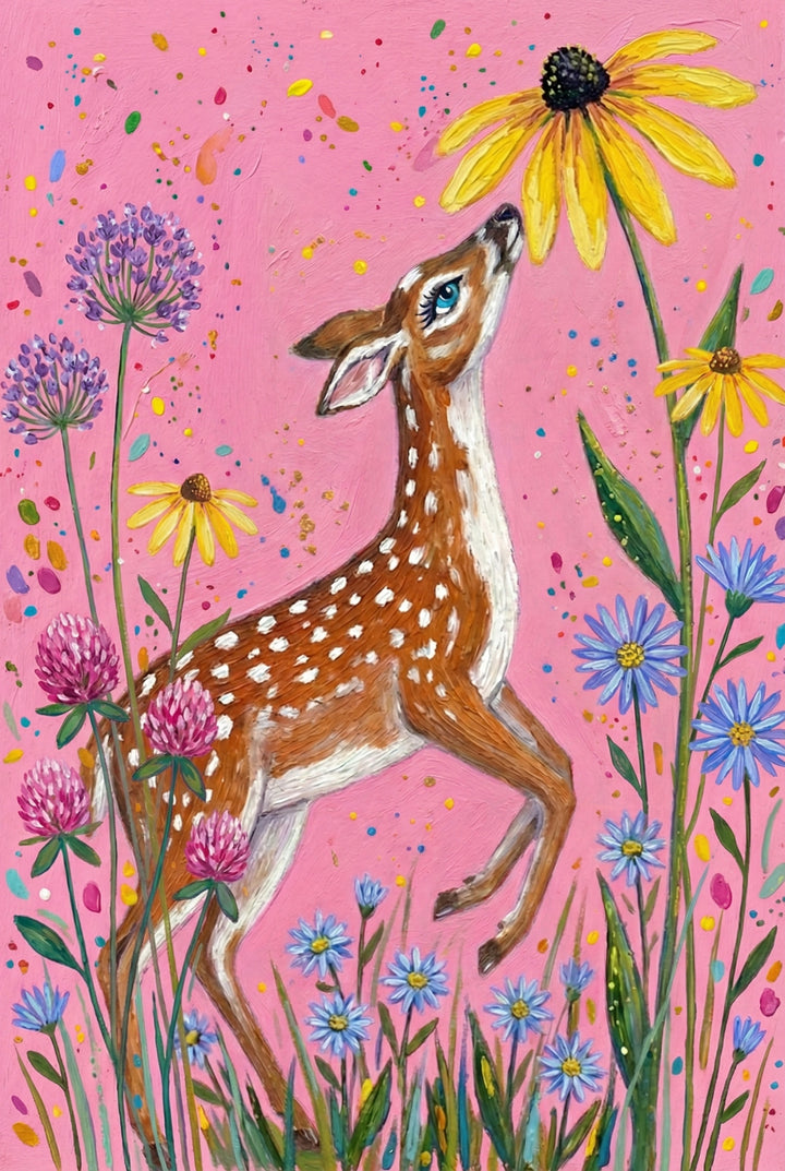 A young spotted deer stands on its hind legs to sniff a large yellow coneflower. It's surrounded by wildflowers and vibrant confetti on a pink backdrop.