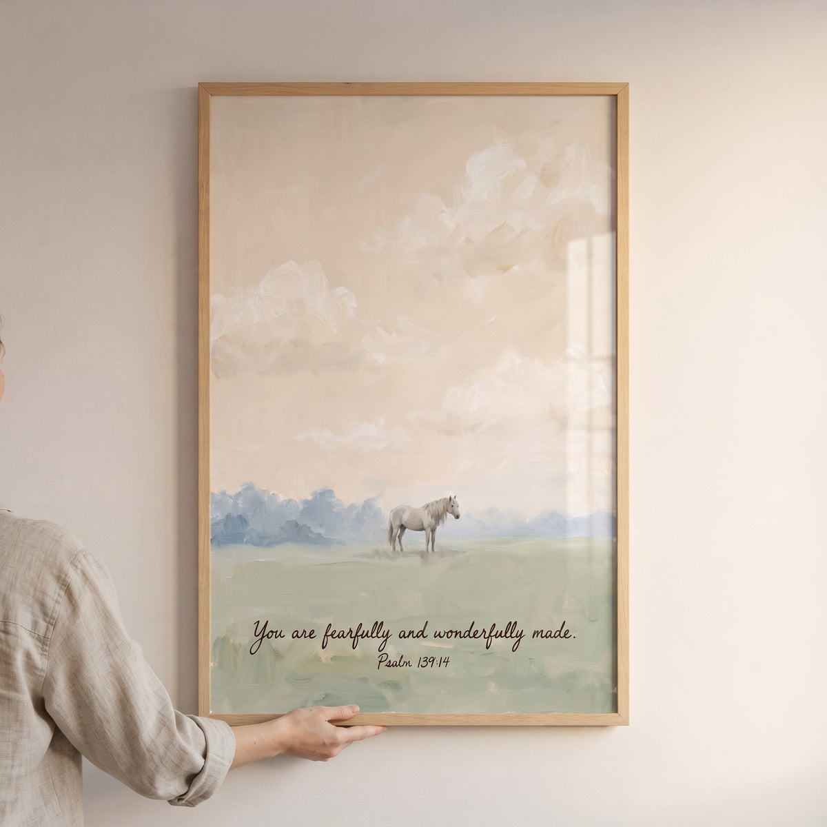 Framed fearfully wonderfully made horse wall art featuring a white horse in a field with the text of Psalm 139:14.