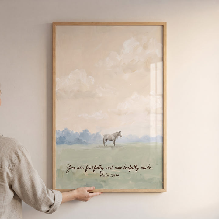 Framed fearfully wonderfully made horse wall art featuring a white horse in a field with the text of Psalm 139:14.
