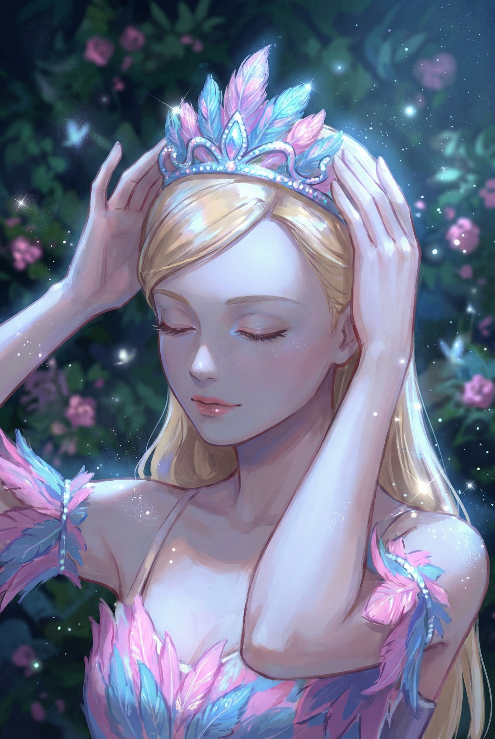 Close up illustration of a serene blonde ballerina adjusting a jeweled tiara adorned with pink and blue feathers. Her eyes are closed and tiny glowing lights surround her, highlighting the delicate details of her costume and the magical nighttime garden setting.
