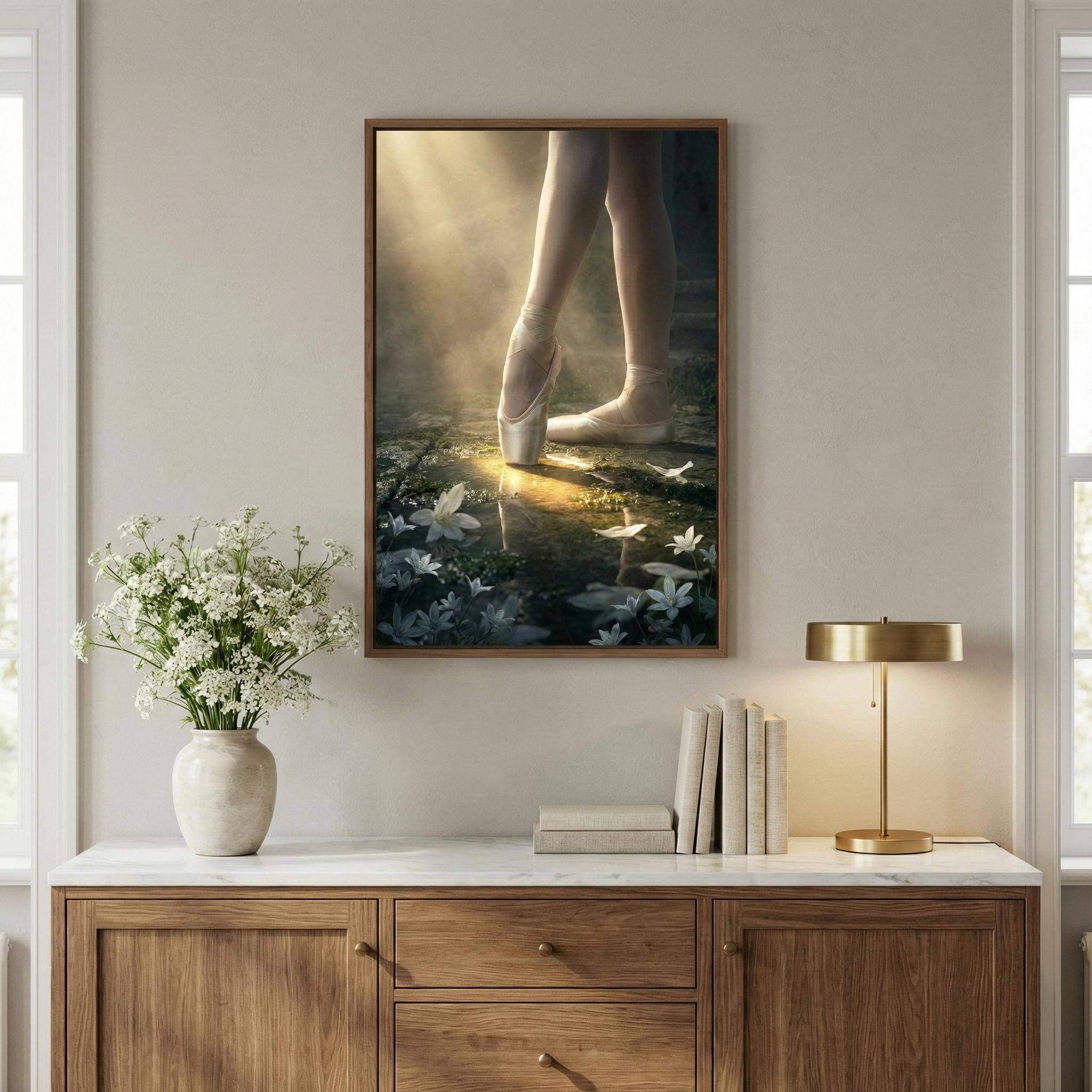 A rectangular piece of art hangs on a soft grey wall above a light-toned wooden sideboard. The image depicts a dancer's lower legs and feet in ballet slippers, standing in a dramatic beam of light that highlights the feet and surrounding white flowers on a dark, mossy floor. On the marble-topped sideboard below sit a white vase filled with small white flowers, a stack of books, and a gold-toned desk lamp. The room is bright and airy, flanked by two large windows.
