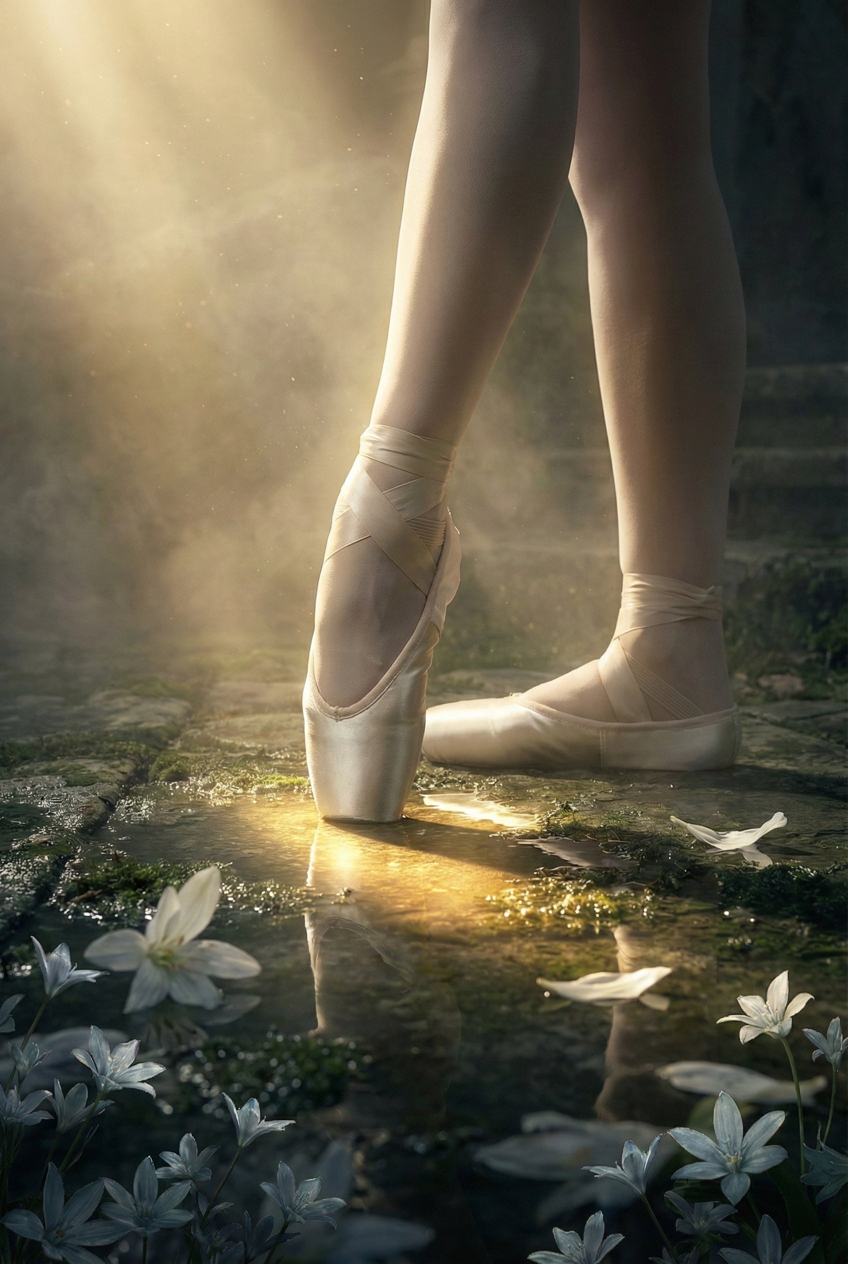A pair of legs in satin ballet pointe shoes are shown on a mossy, stone path. One foot is balanced on its tip in a shallow puddle. A radiant beam of golden light descends through a misty atmosphere, illuminating the dancer and the water. Delicate white flowers and fallen petals surround the feet, their forms reflected in the puddles below. Floating particles catch the light, enhancing the ethereal, dreamlike mood of this tranquil outdoor scene.