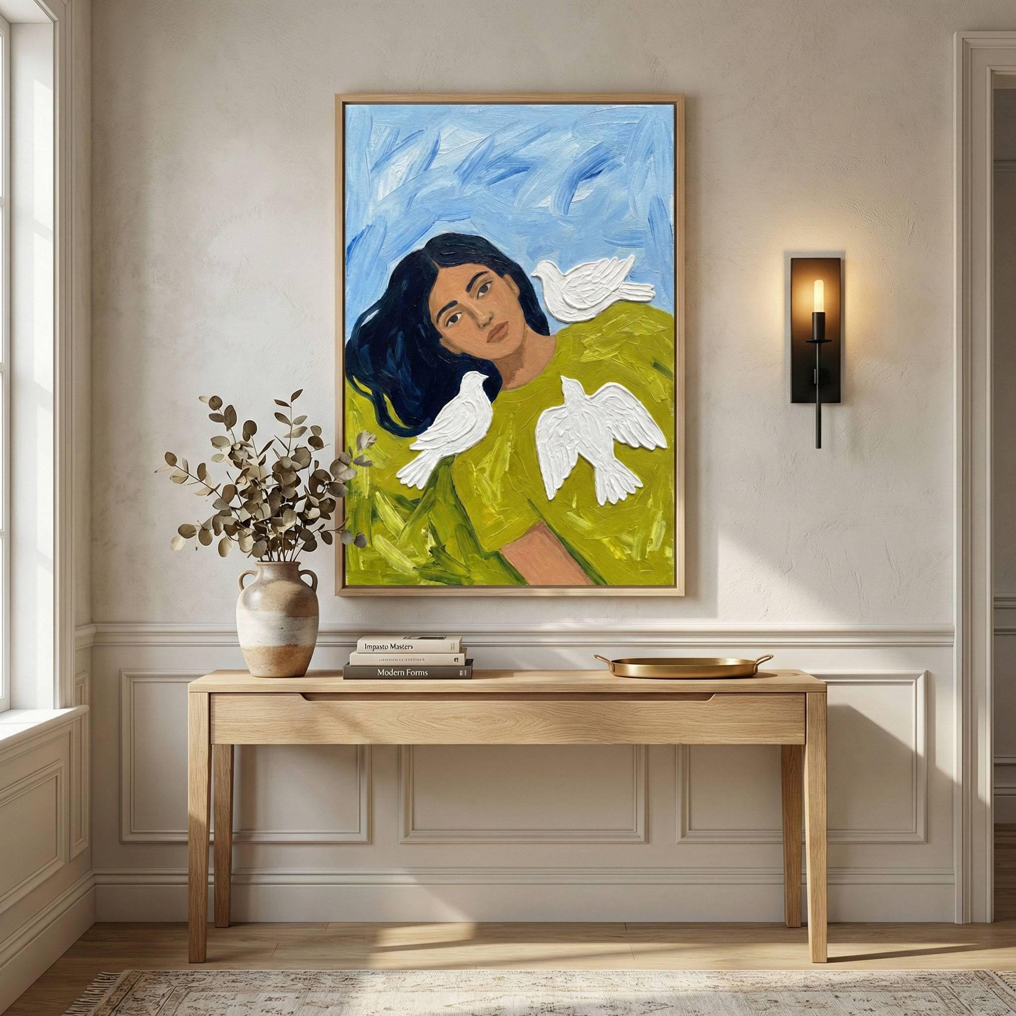 A minimalist interior features a large framed artwork centered above a light wood console table. The canvas depicts a woman with long dark hair and three white doves, set against a vibrant blue textured background. She wears a lime-green top that blends into the artistic foreground. The table holds a ceramic vase with dried branches, a small stack of books, and a decorative gold tray. A modern black wall sconce with a glowing filament bulb is mounted to the right. 