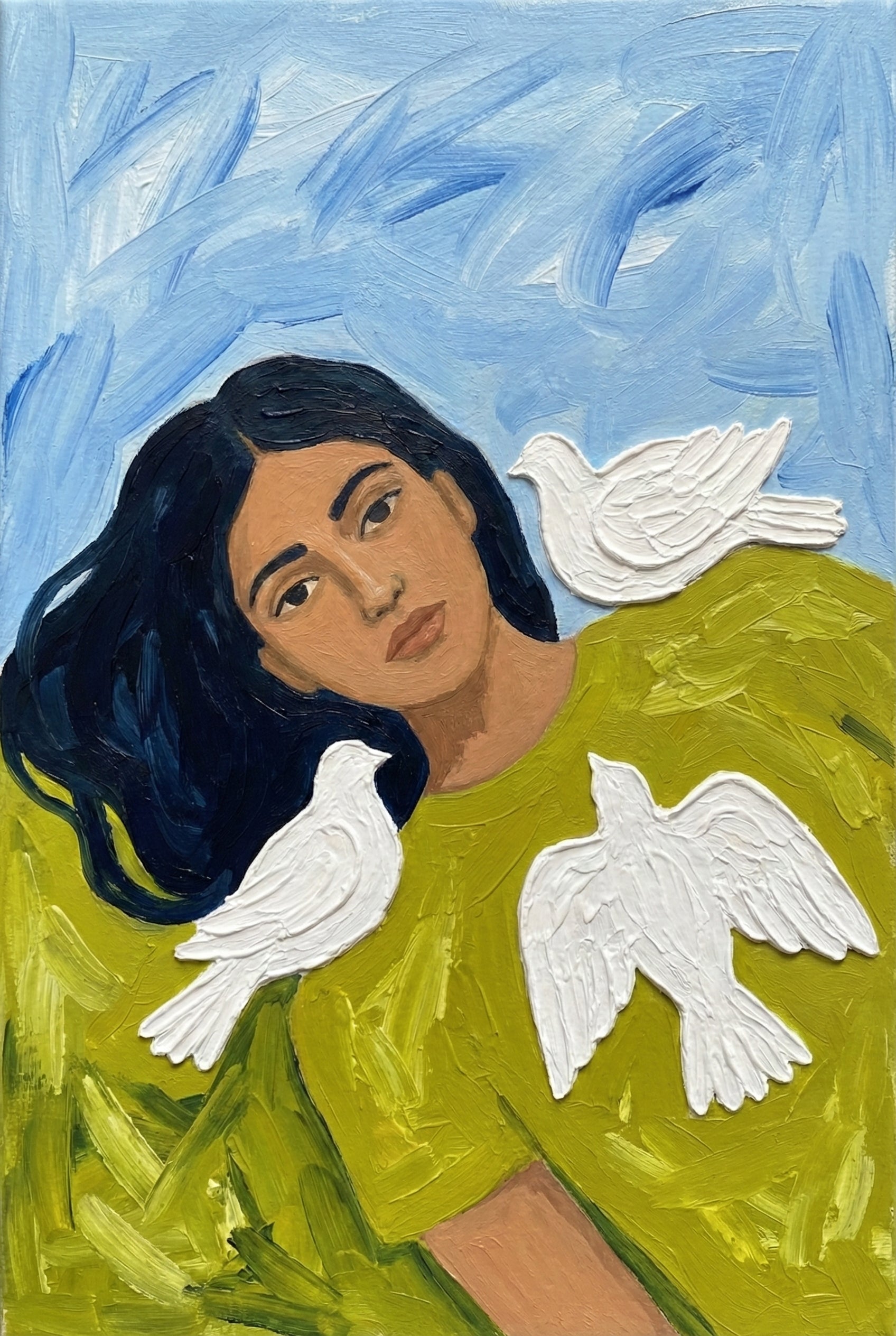 Oil painting of a woman with dark hair lying in a field, wearing a green dress with three white doves perched on her. The background is a textured blue sky with abstract brushstrokes.