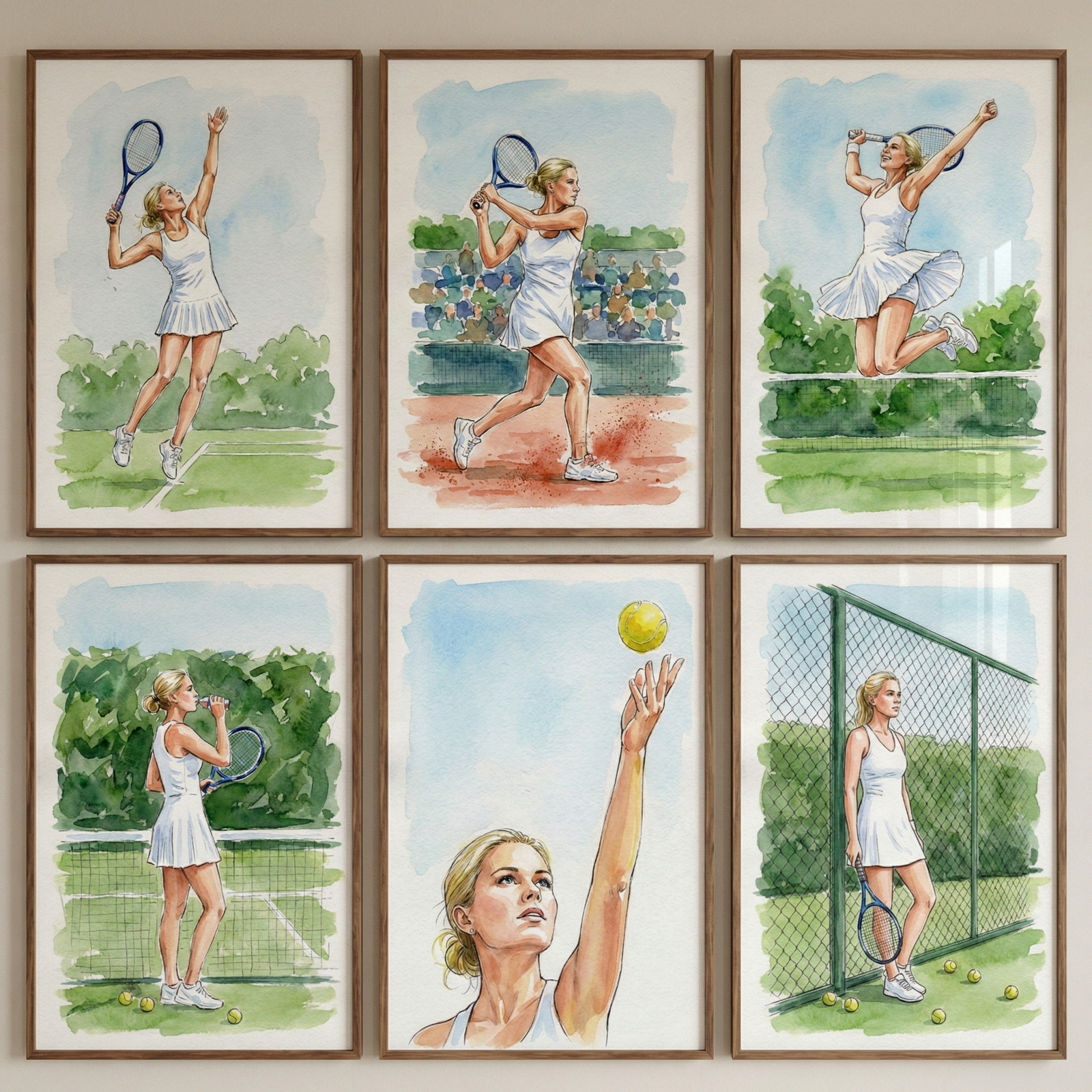 Six framed watercolor artworks are arranged in a two-by-three grid, each featuring a blonde female tennis player in a white athletic dress. The top row shows her mid-air for a high shot, hitting a backhand on a clay court, and jumping over the net in celebration. The bottom row depicts her taking a water break, a close-up of her tossing a yellow ball for a serve, and her standing by a court fence with several tennis balls on the grass. 