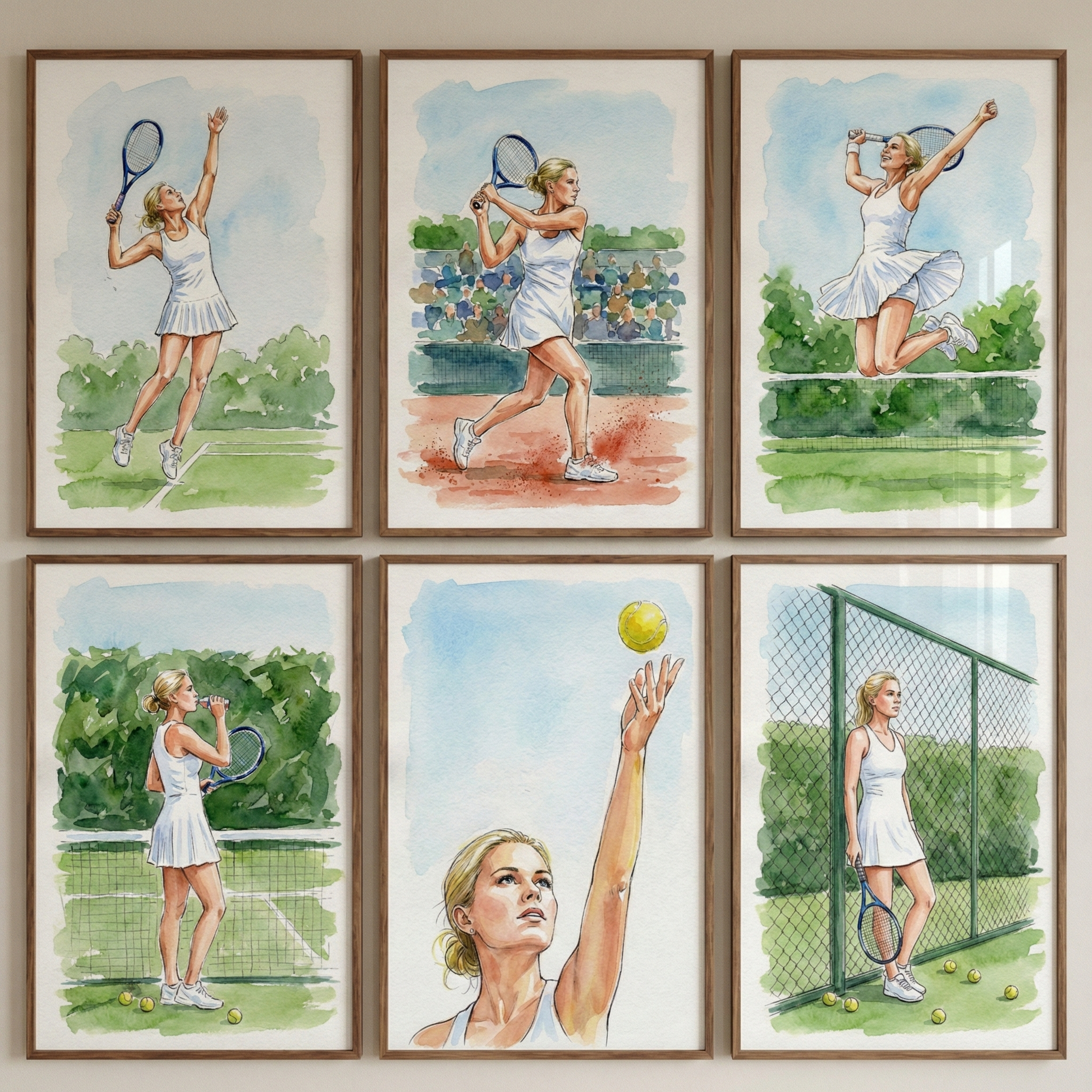 Female Tennis Player Artwork Set of 6 - Court Side Grace