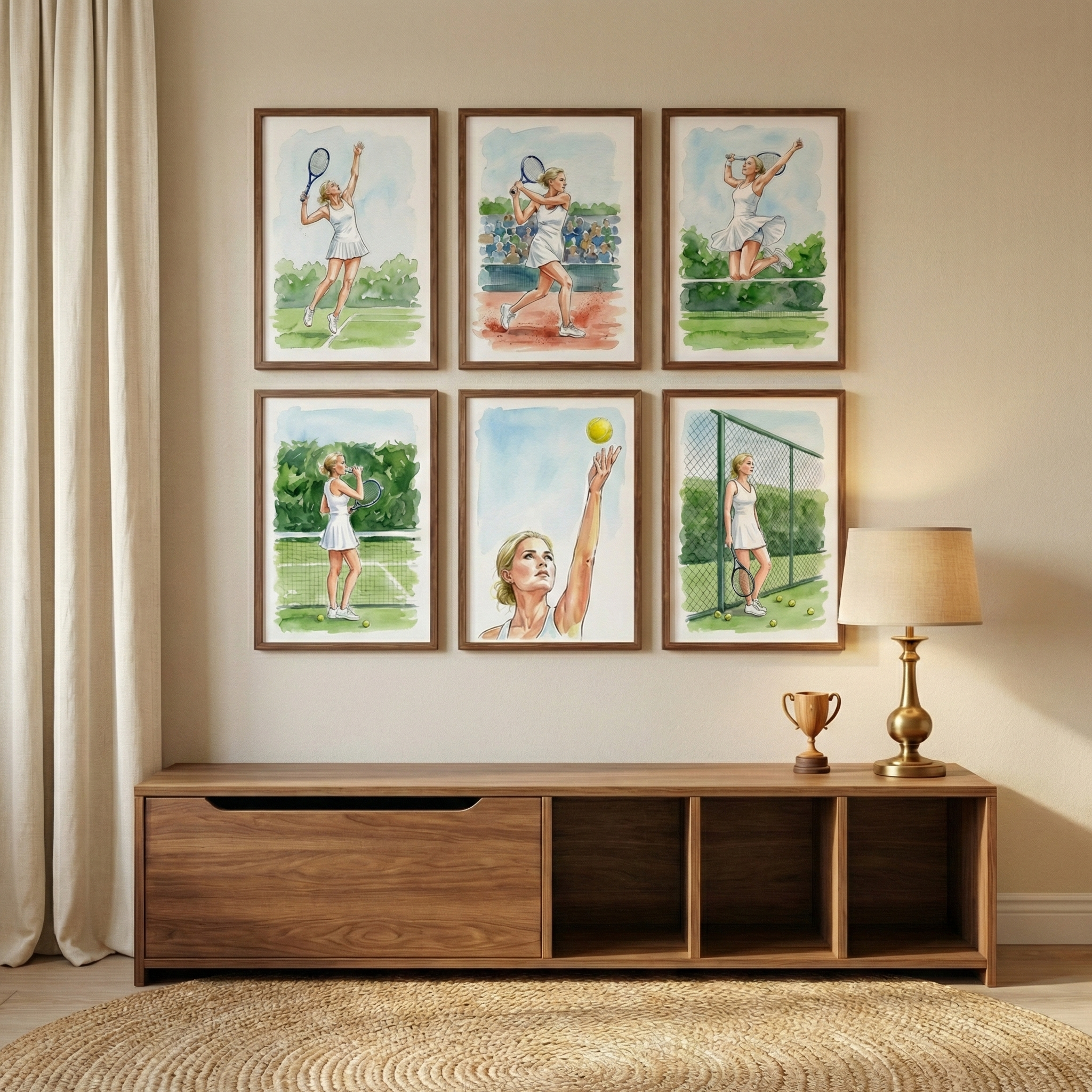 Female Tennis Player Artwork Set of 6 - Court Side Grace