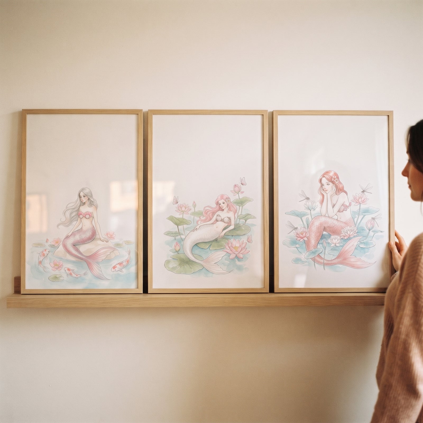 A feminine aquatic botanical mermaid artwork set of 3 displayed in wooden frames on a light wood floating shelf.