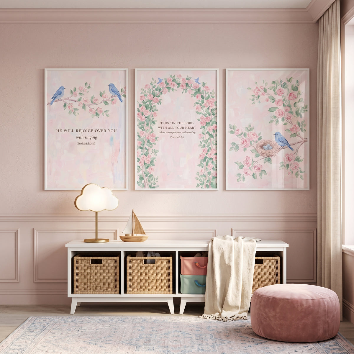 Feminine Watercolor Pink Rose Wall Art Set of 3 - Serene Scripture Birds