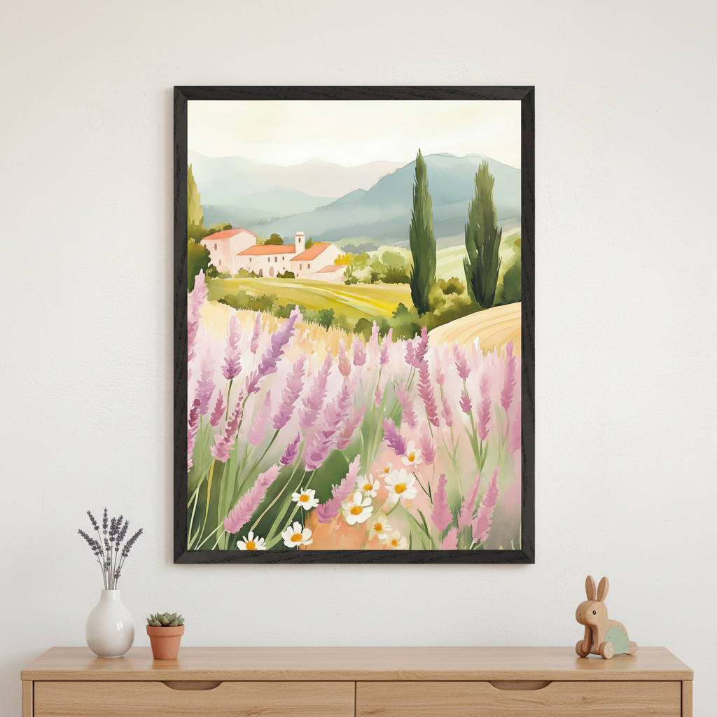 Room with a light wood dresser. A framed watercolor painting of a lavender field with a village and distant mountains hangs centered above the dresser. A vase with lavender, a potted succulent, and a wooden rabbit figurine are on the dresser.
