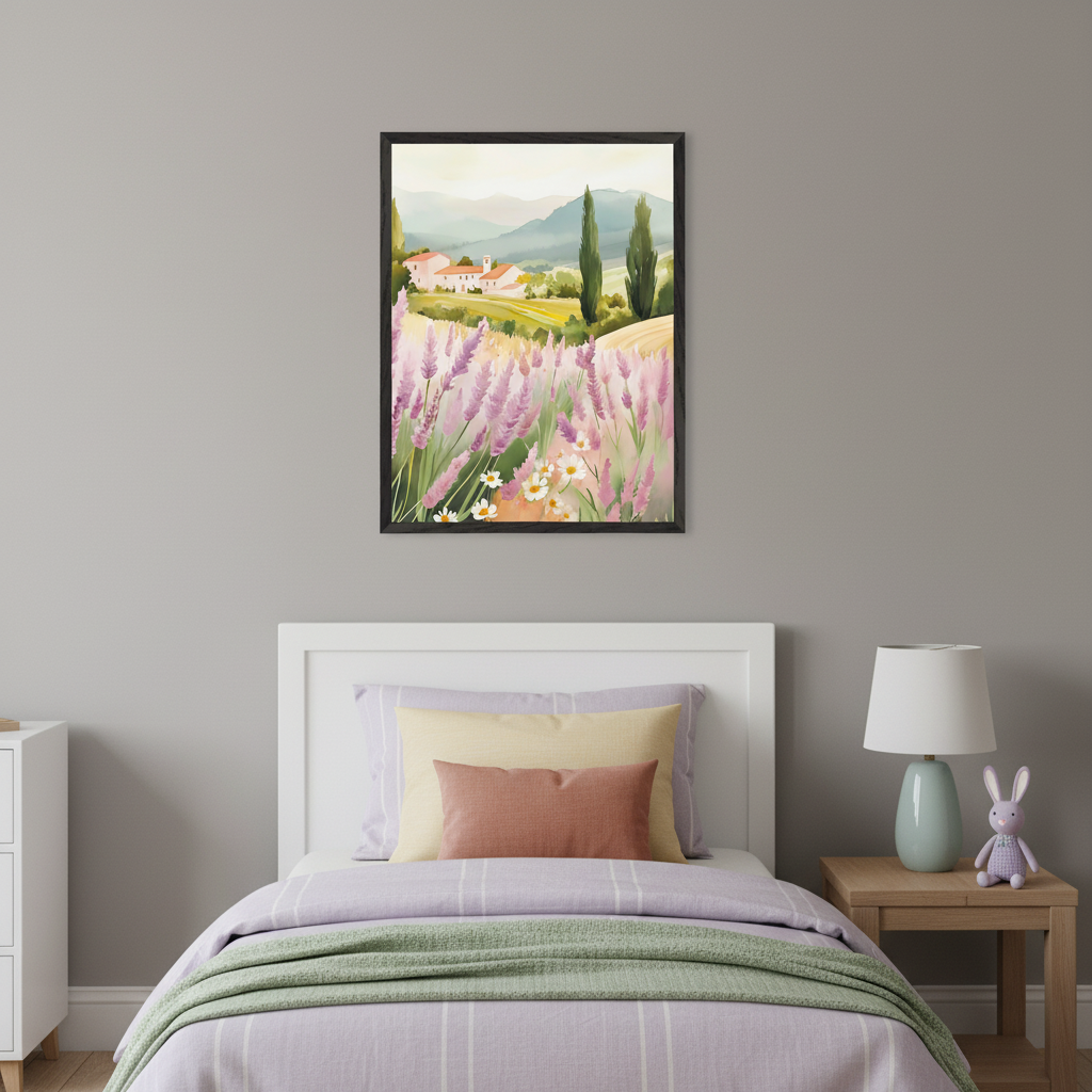 Kid's bedroom with a white bed and lavender striped bedding. A black framed watercolor of a lavender field and Tuscan landscape with houses and cypress trees hangs centered above the bed. A partial white dresser is on the left; a nightstand with a lamp and bunny is on the right.