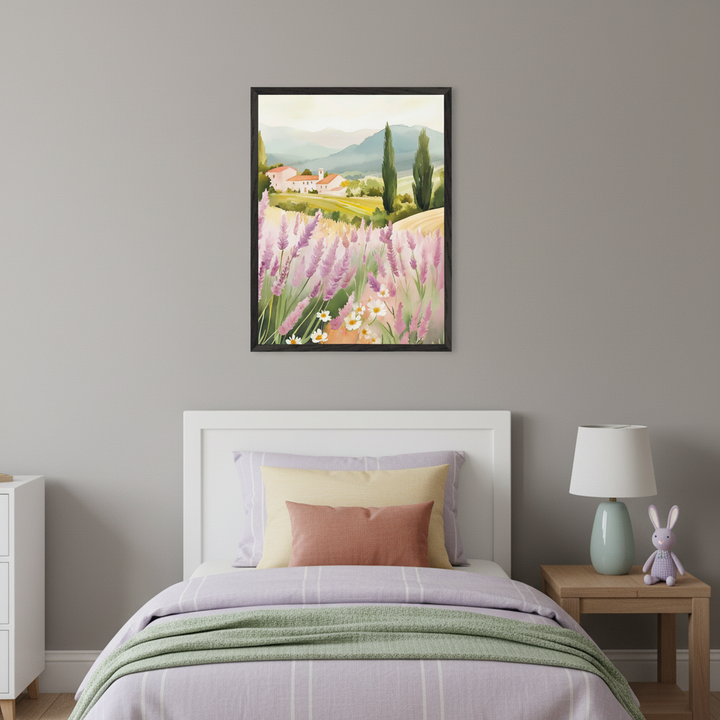 Kid's bedroom with a white bed and lavender striped bedding. A black framed watercolor of a lavender field and Tuscan landscape with houses and cypress trees hangs centered above the bed. A partial white dresser is on the left; a nightstand with a lamp and bunny is on the right.