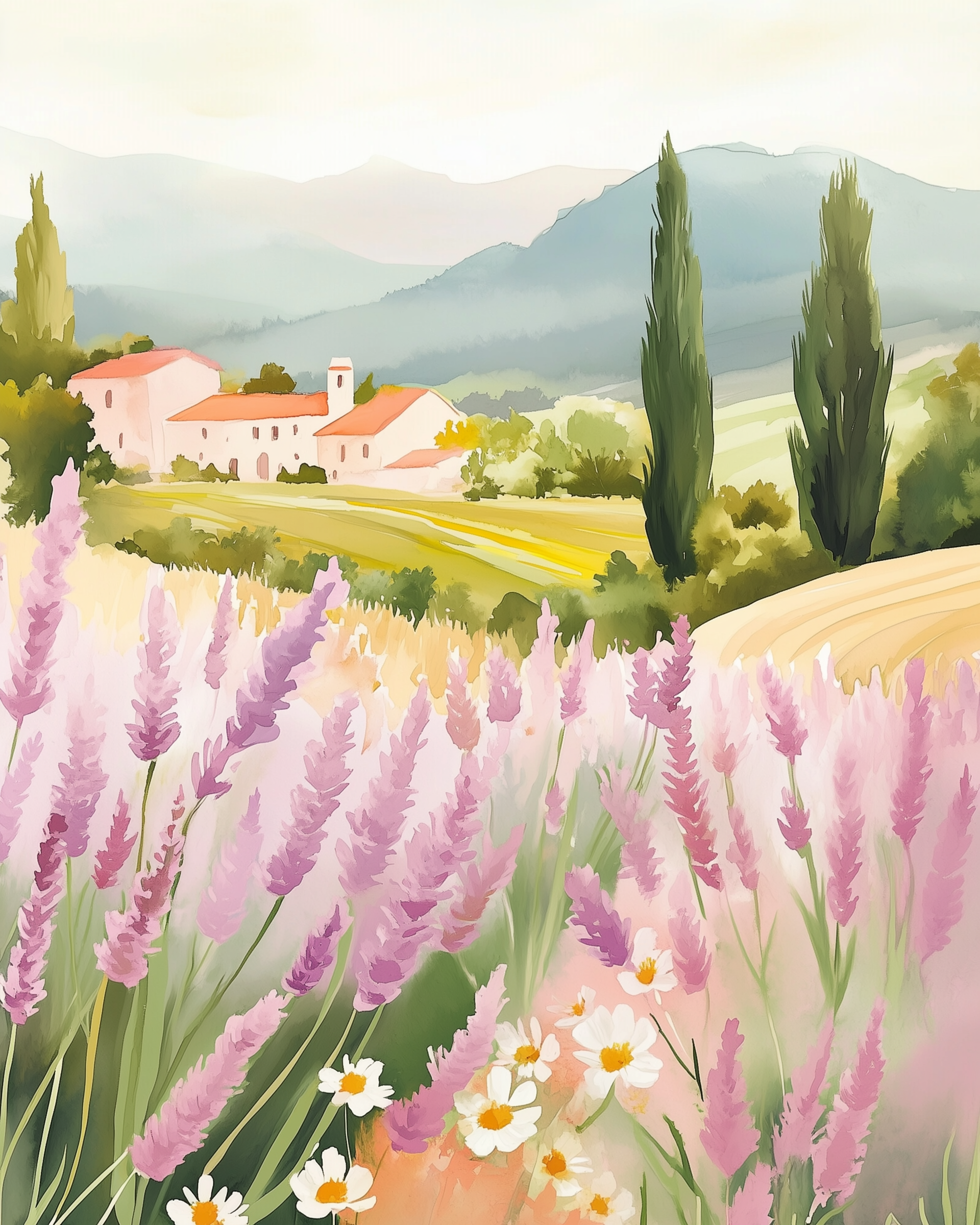 A picturesque landscape features a field of vibrant lavender and white daisies in the foreground, with rolling hills and a cluster of rustic buildings with red roofs in the distance, framed by tall cypress trees under a soft, hazy sky.