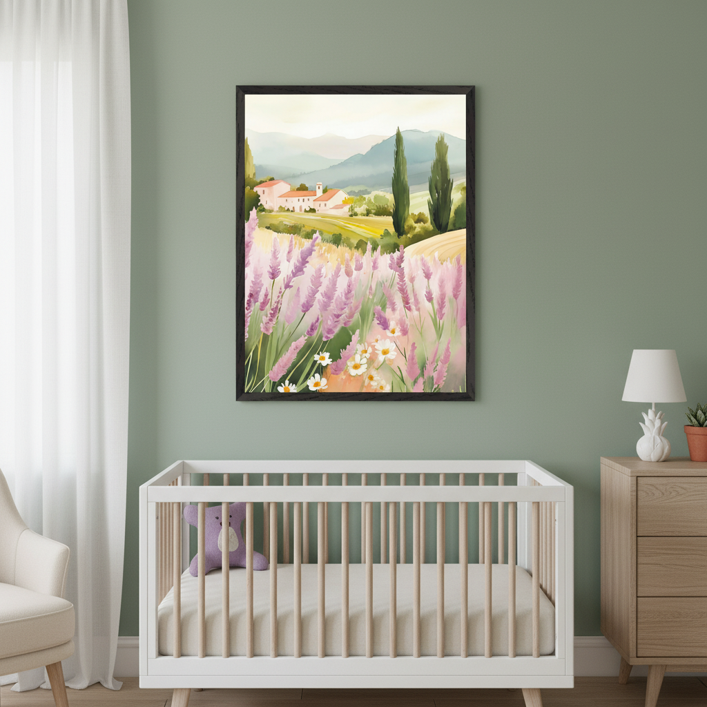 Modern nursery with sage green walls. A large framed watercolor painting of a lavender field with white daisies, rolling hills, cypress trees, and a distant village hangs centered above a white crib. A wooden dresser with a lamp is on the right.