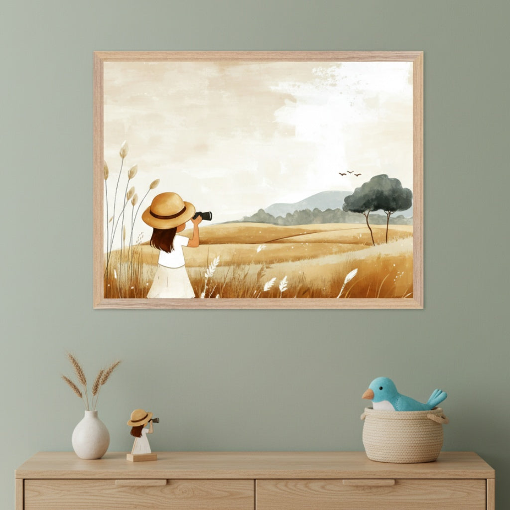 Kid's room with a light wood dresser. A framed watercolor print of a girl in a hat looking through binoculars in a golden field with mountains hangs centered above it. The dresser holds a vase with wheat, a small figurine of the girl, and a basket with a blue stuffed bird.