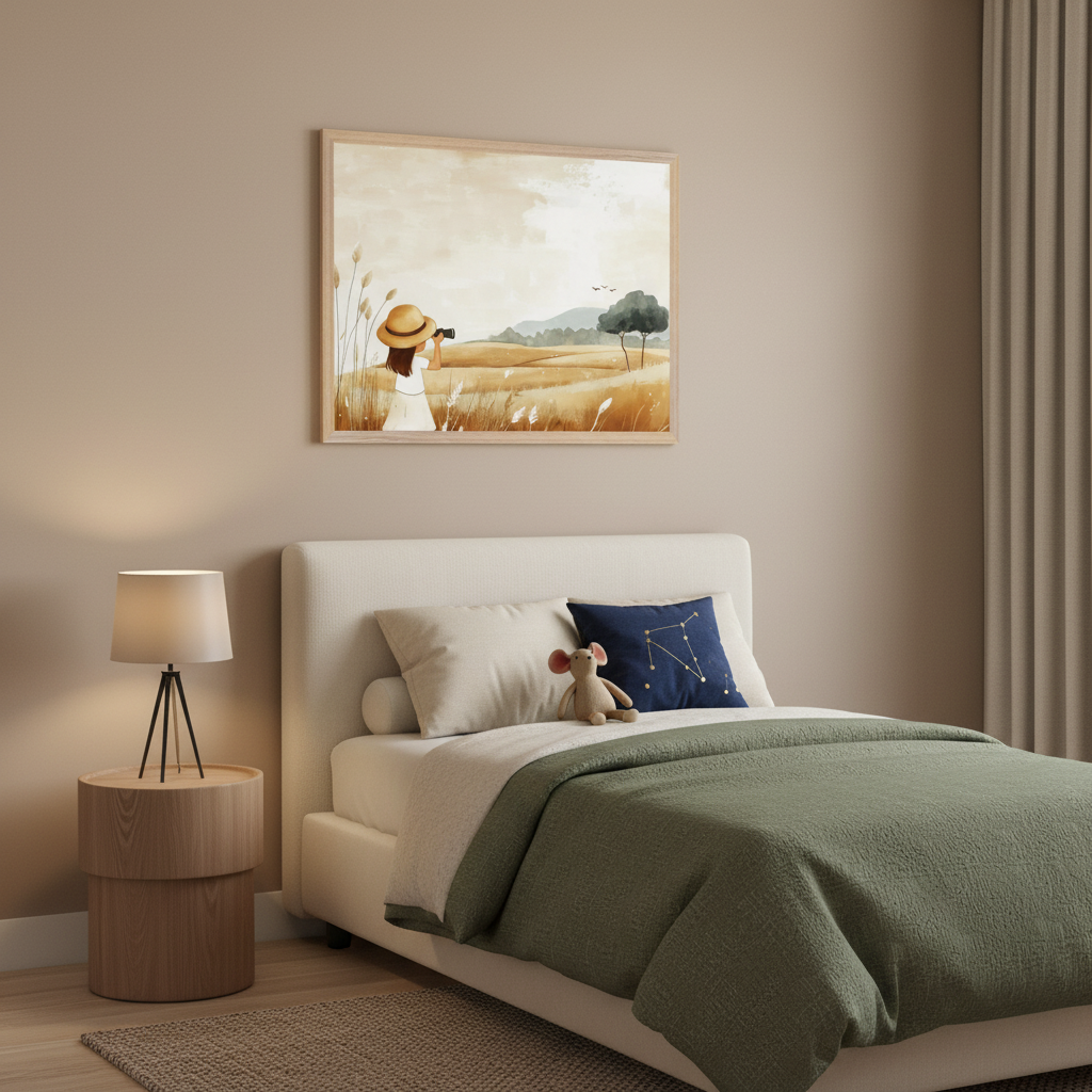 Modern kid's bedroom with a cream upholstered bed, wooden nightstand, and tripod lamp. A framed watercolor painting of a girl in a straw hat looking through binoculars in a golden field hangs centered above the bed.