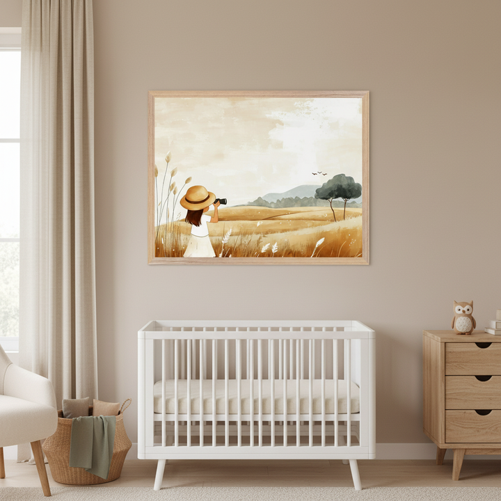 Modern nursery with a white crib, light wood dresser, and armchair. A framed print of a girl in a hat with binoculars in a golden field with hills, a tree, and birds, in a watercolor style, hangs above the crib.