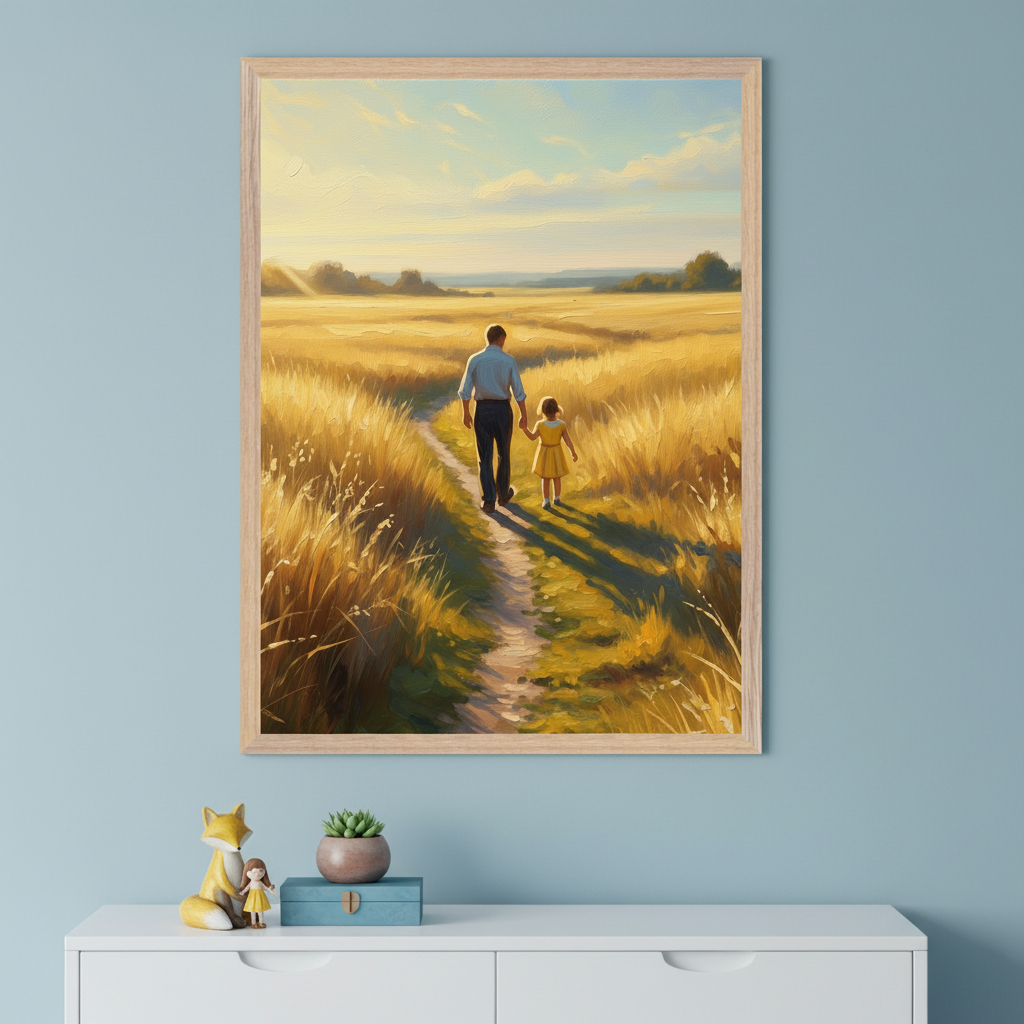 Framed art of a man and a young girl walking hand in hand down a sunlit path through a golden wheat field, hanging above a white dresser decorated with a fox figurine and small doll.