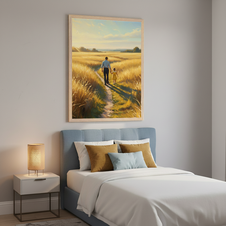 Warm-toned bedroom featuring a serene artwork of a father and daughter walking through tall golden grass under a bright blue sky, displayed above a neatly made bed with neutral-toned pillows.