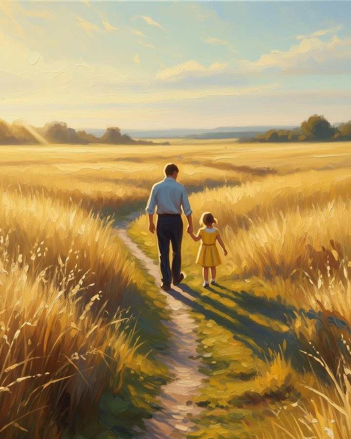 A man and a young girl in a yellow dress walk hand in hand along a narrow path through a golden field bathed in warm sunlight, with distant trees and a soft blue sky in the background.