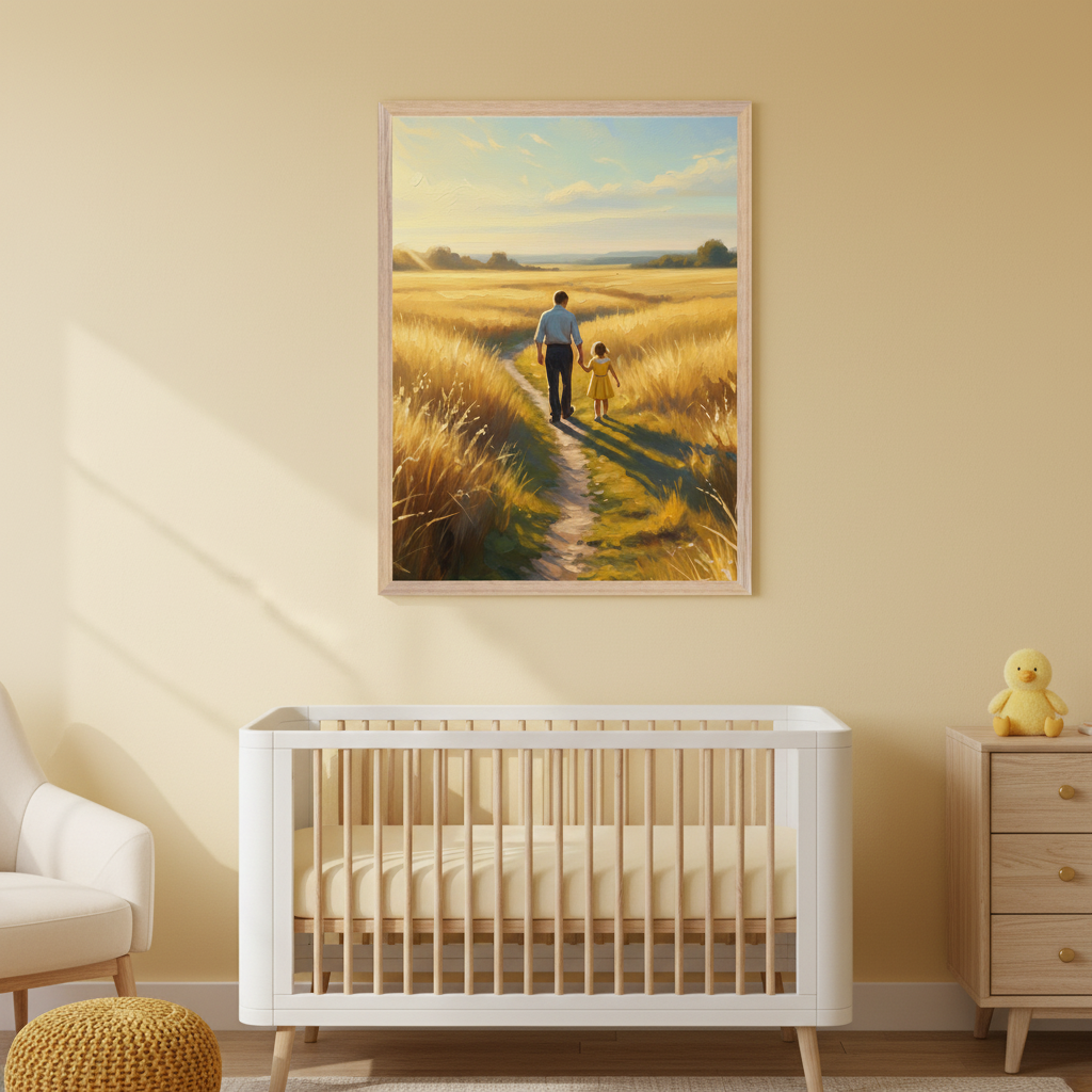Peaceful nursery scene with a framed countryside painting of a man and child walking a dirt path through golden fields, styled with soft yellow tones, a white crib, and a plush duck toy.