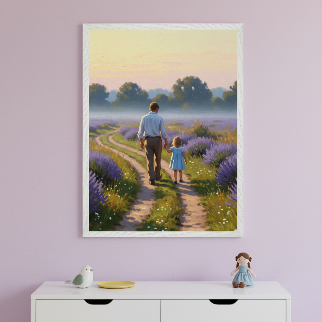 Framed illustration of a man and a young girl in blue walking hand in hand along a dirt path lined with blooming lavender at sunset, displayed above a white dresser with pastel decor and a doll.