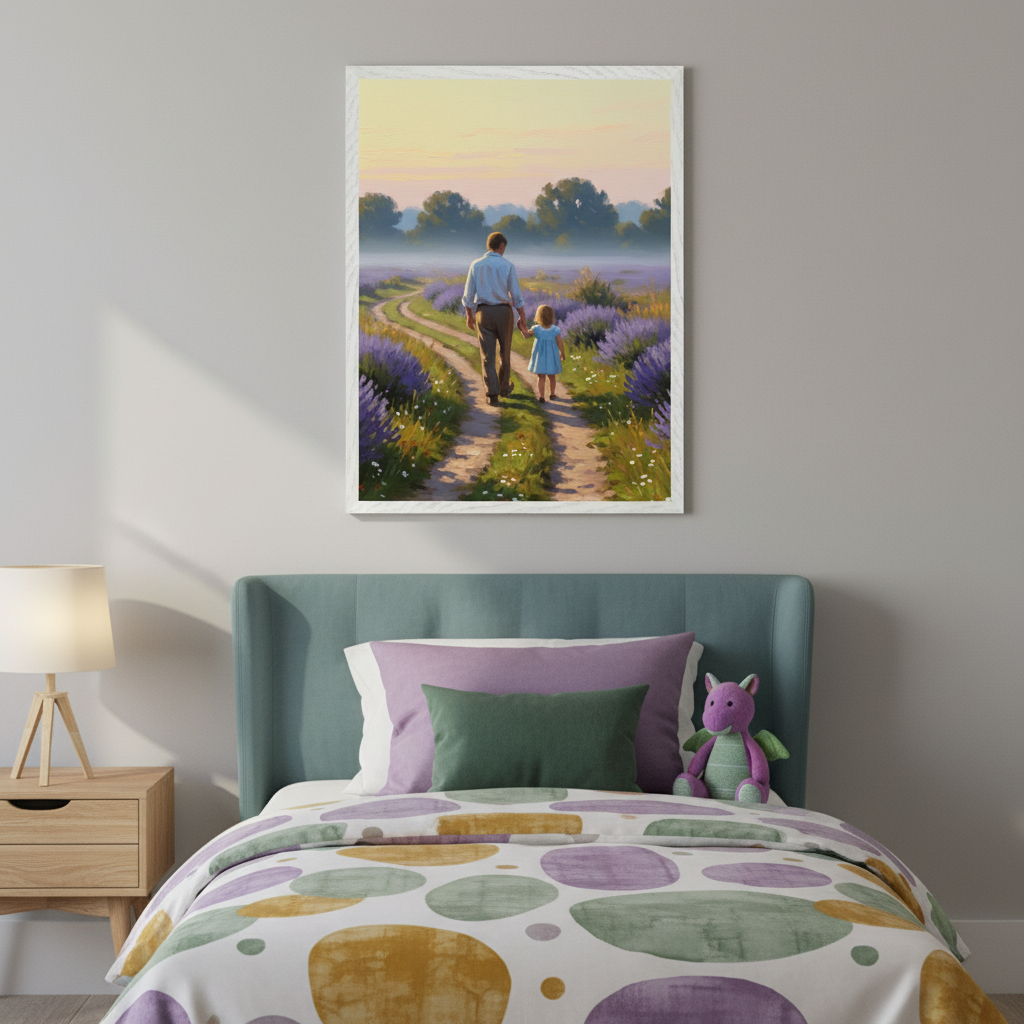 Cozy bedroom featuring a peaceful painting of a father and daughter strolling through purple flower fields at dusk, hanging above a bed with purple, green, and gold polka dot bedding.