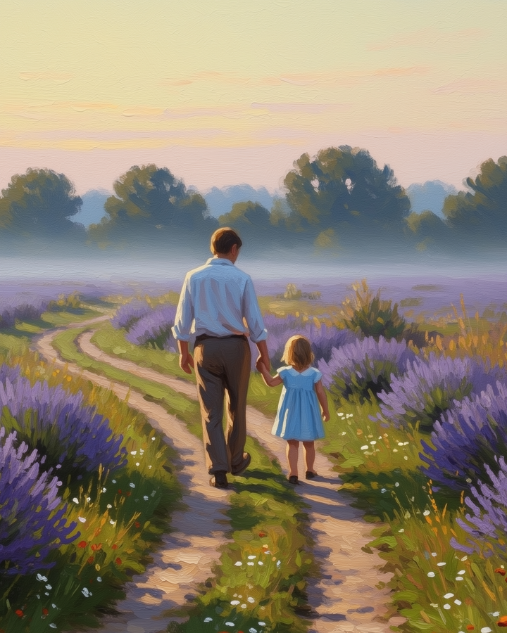 A man and a young girl walk hand in hand along a winding path through a lush field of lavender. The girl wears a light blue dress, and the scene is bathed in the soft glow of a sunset, with trees silhouetted against the colorful sky.