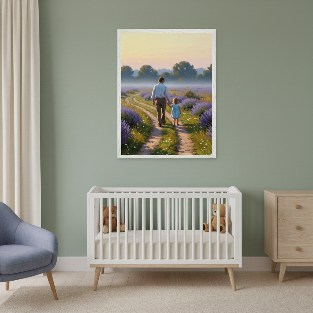 Nursery with a framed scene of a man and child walking a winding trail through lavender bushes under a glowing sky, placed above a white crib with teddy bears and soft earth-toned furnishings.