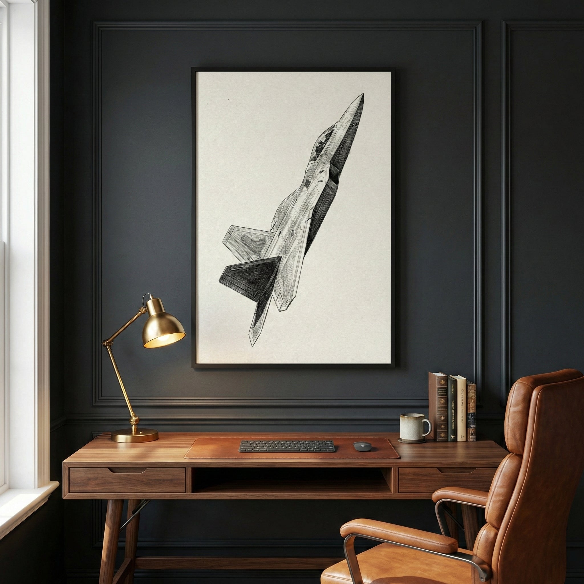 A sophisticated study area features a wooden desk set against a dark gray paneled wall. On the desk sits a gold-toned task lamp, a leather desk mat with a keyboard and mouse, a white mug, and a small stack of books. A large, black-framed vertical artwork hangs above the desk, displaying a detailed sketch of a modern fighter jet in flight. A brown leather office chair is tucked into the desk. To the left, the edge of a white-framed window is visible.