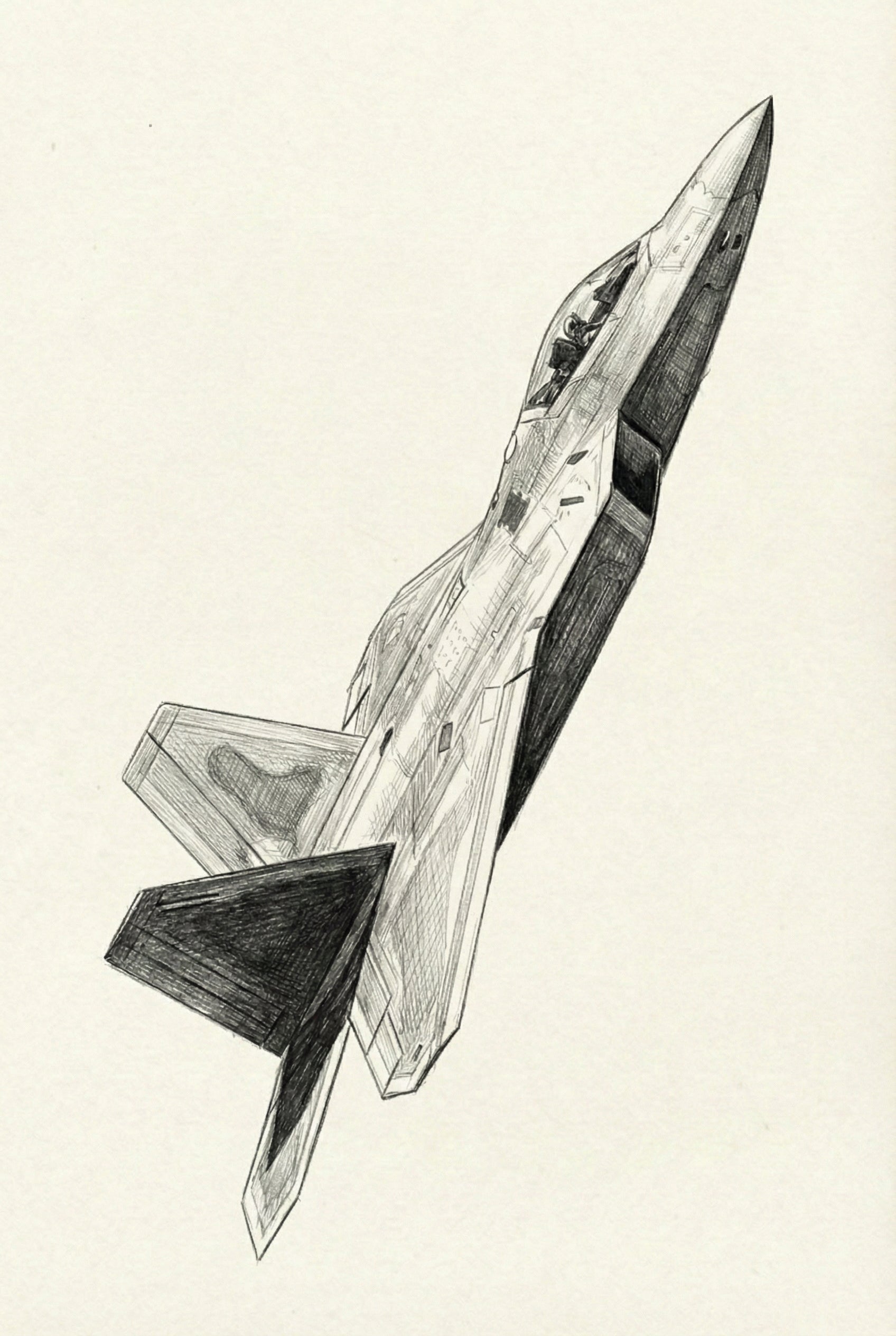 Pencil sketch of a fighter jet in a steep upward angle, with clear shading on the wings and fuselage, emphasizing its sleek and angular form.