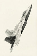 Pencil sketch of a fighter jet in a steep upward angle, with clear shading on the wings and fuselage, emphasizing its sleek and angular form.