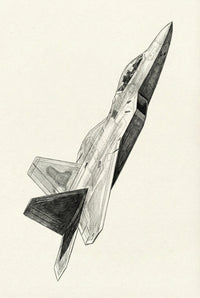 Pencil sketch of a fighter jet in a steep upward angle, with clear shading on the wings and fuselage, emphasizing its sleek and angular form.