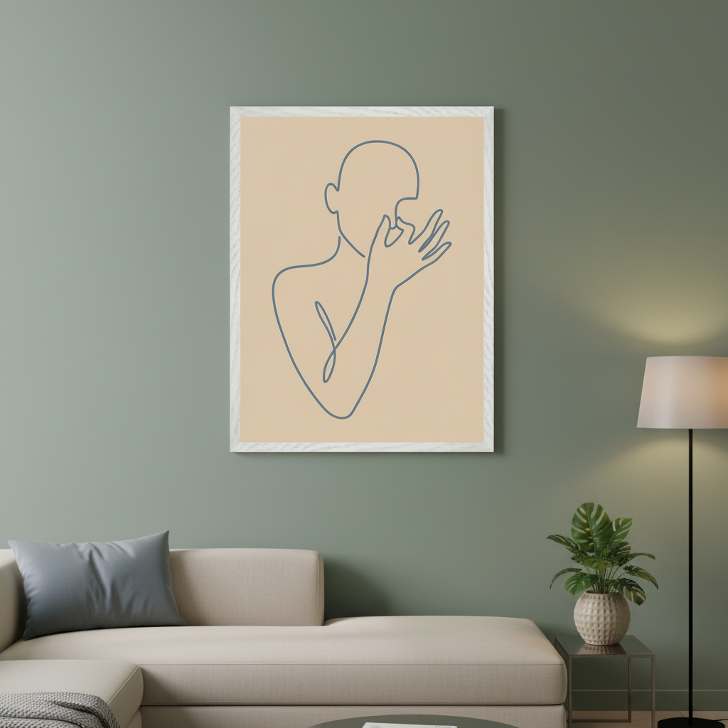 Living room with a beige sectional sofa against a green wall. A white-framed, minimalist blue line art of a figure on a light brown background hangs above the sofa. A floor lamp and a potted plant on a side table are to the right.