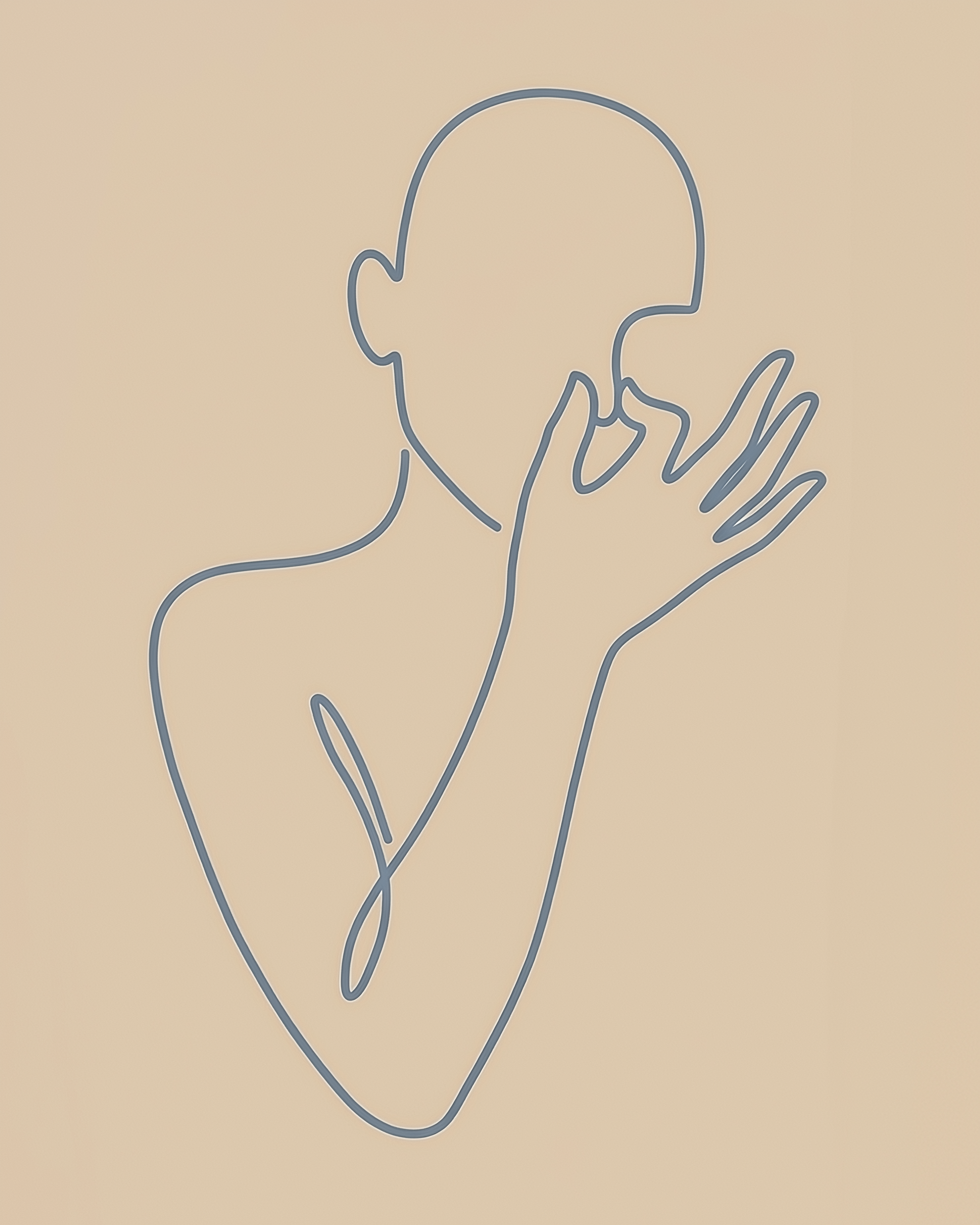 A simple line drawing of a person pinching their nose in reaction to a bad smell, using clean, abstract shapes on a beige background. The minimalist style captures an instantly recognizable gesture with humor.
