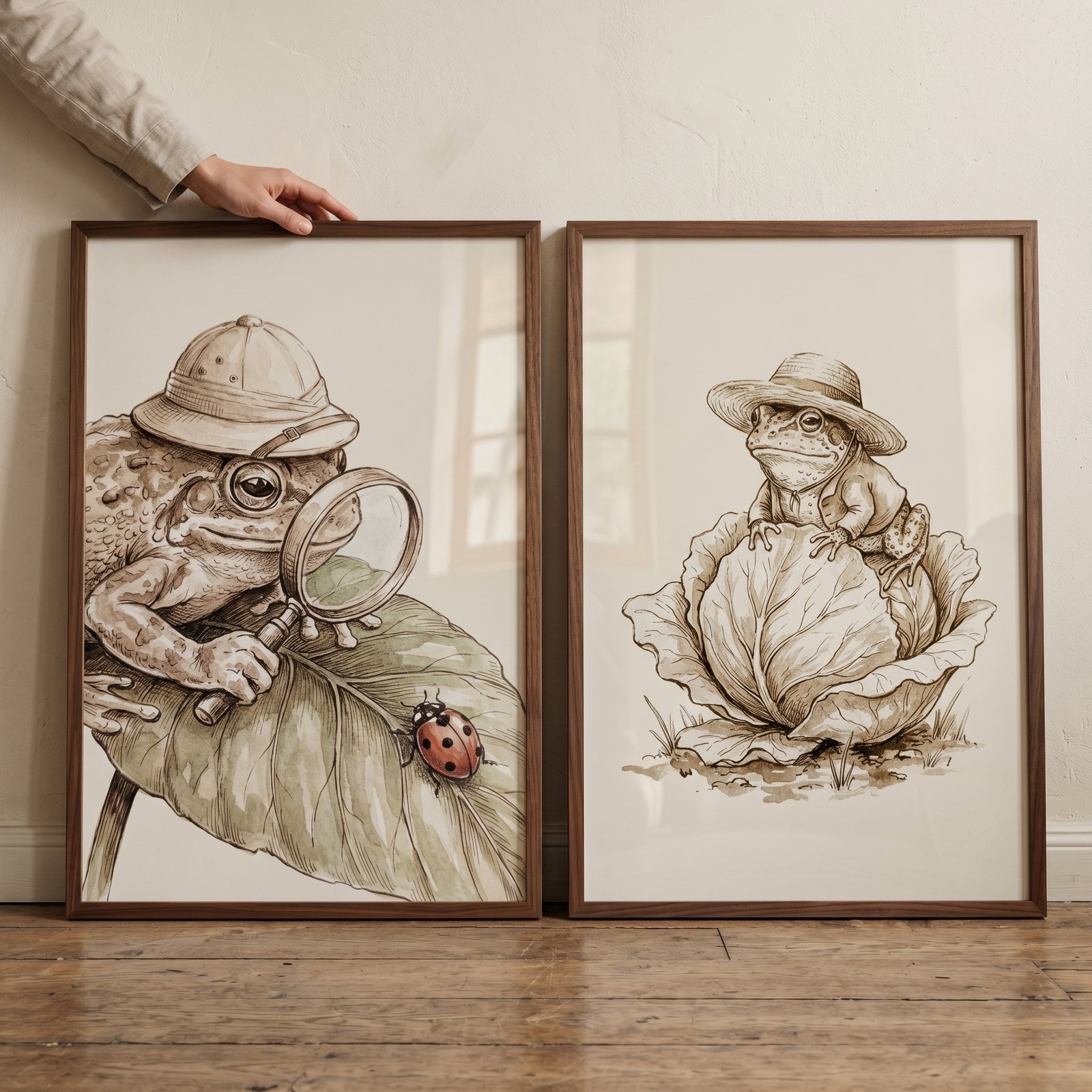 Fine detail sepia toad wall art set of 2 featuring toads in hats with a magnifying glass and cabbage in wooden frames.