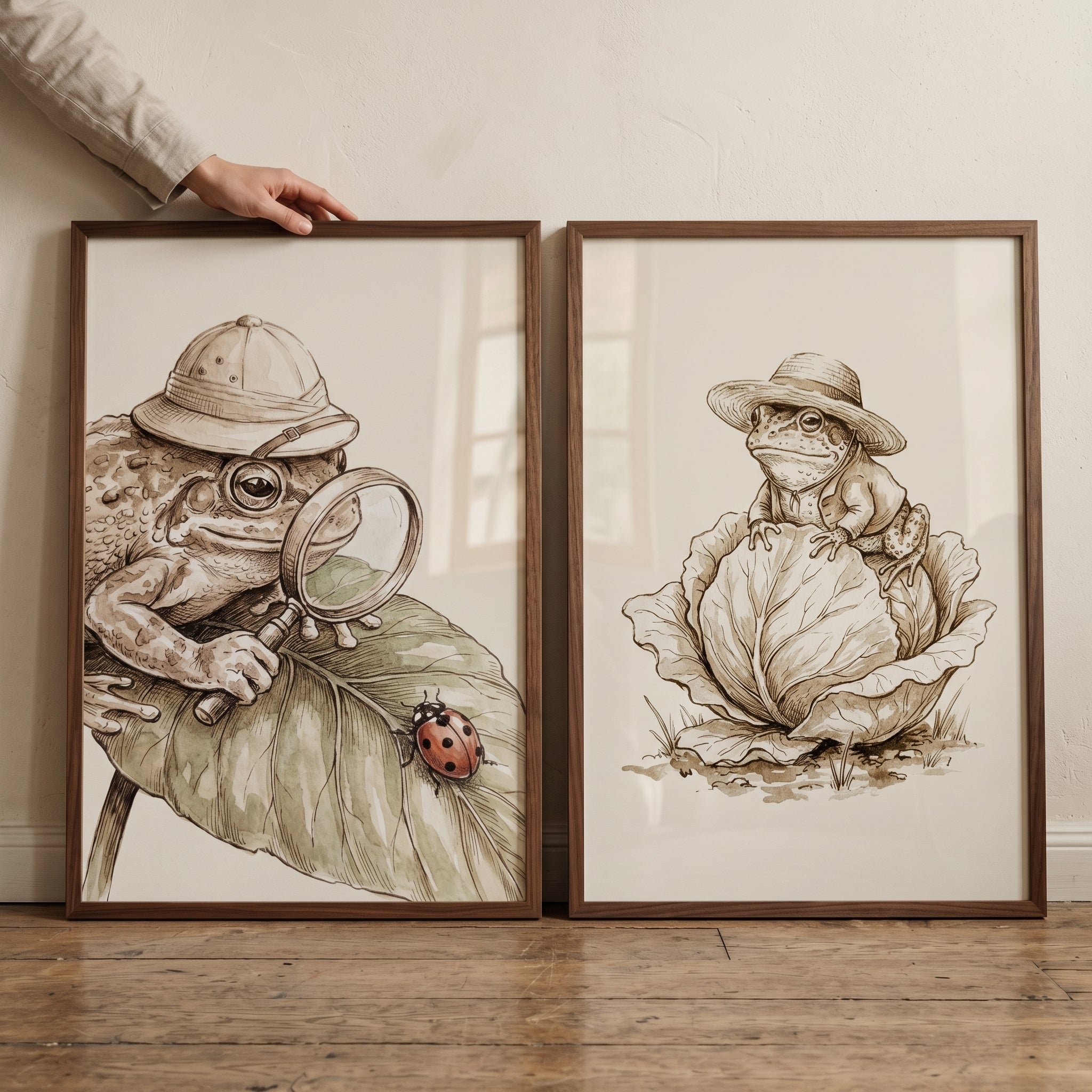 Fine Detail Sepia Toad Wall Art Set of 2 - Curious Frog Explorers