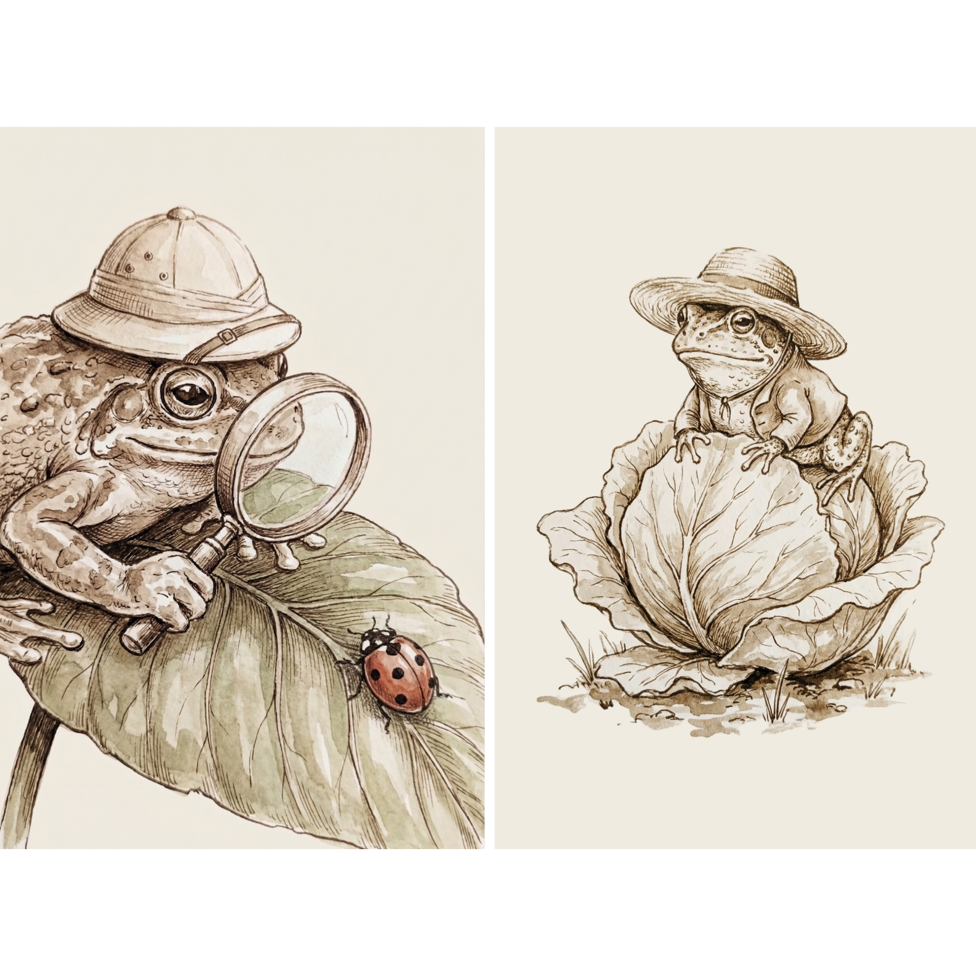 Fine Detail Sepia Toad Wall Art Set of 2 - Curious Frog Explorers