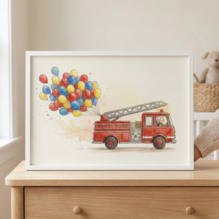 Framed illustration of a bright red fire truck driven by a cheerful firefighter, with a colorful burst of balloons trailing behind it. The ladder on top adds a realistic element, while the floating balloons bring whimsy and joy.
