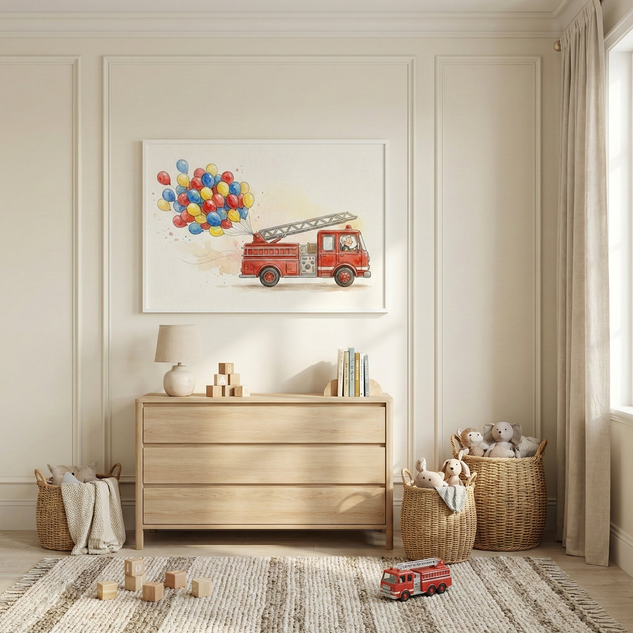 Fire truck and balloons watercolor painting featured in a tidy, cozy kids' room. The artwork depicts a red fire engine leaving behind a trail of red, blue, and yellow balloons, infusing the space with energy and cheer.