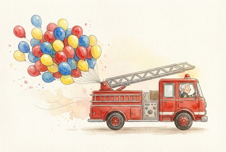 A cheerful firefighter drives a classic red fire truck with a ladder on top, while a colorful bunch of red, yellow, and blue balloons floats from the back. The playful watercolor scene adds a festive twist to the emergency vehicle.