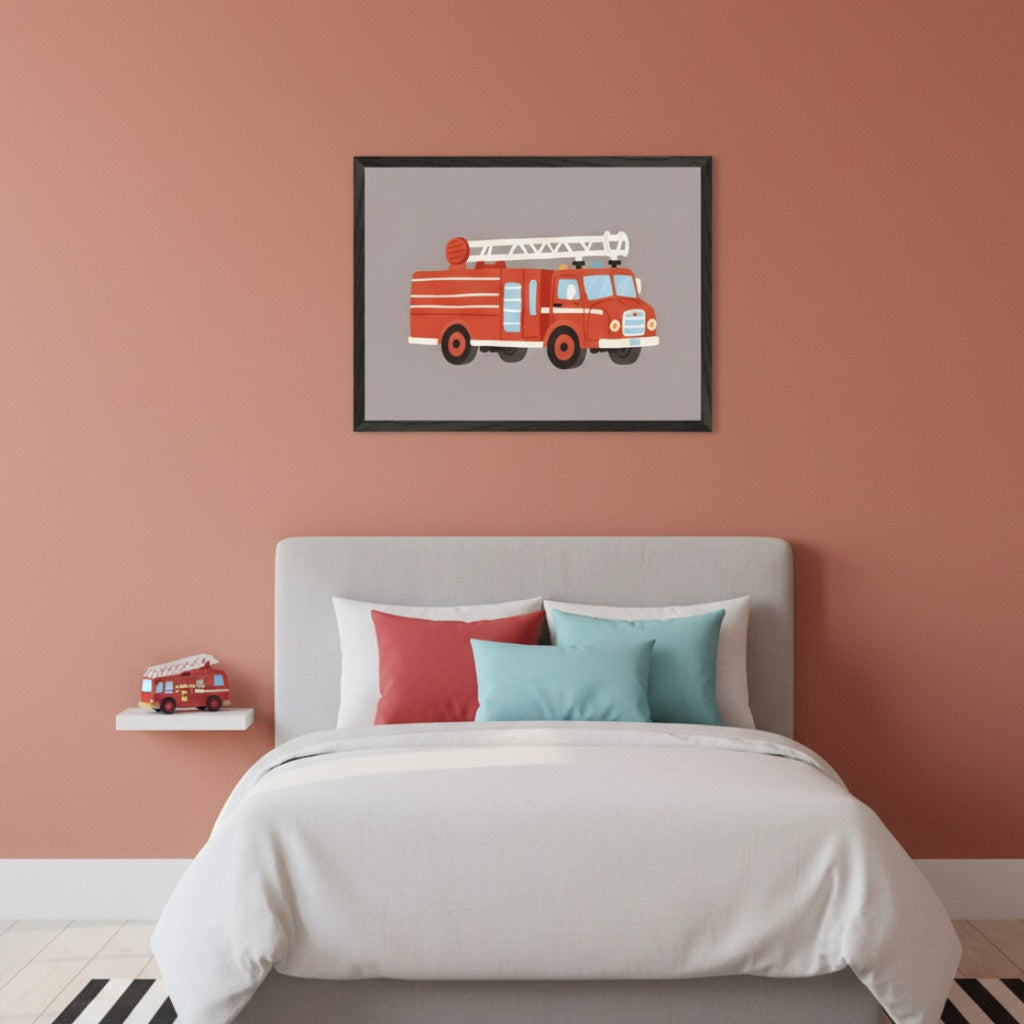 Kid's bedroom with a terracotta wall. A gray upholstered bed with white bedding and red and blue pillows is centered. A framed print of a cartoon red fire truck on a gray background hangs above the bed. A small white shelf with a toy fire truck is to the left.