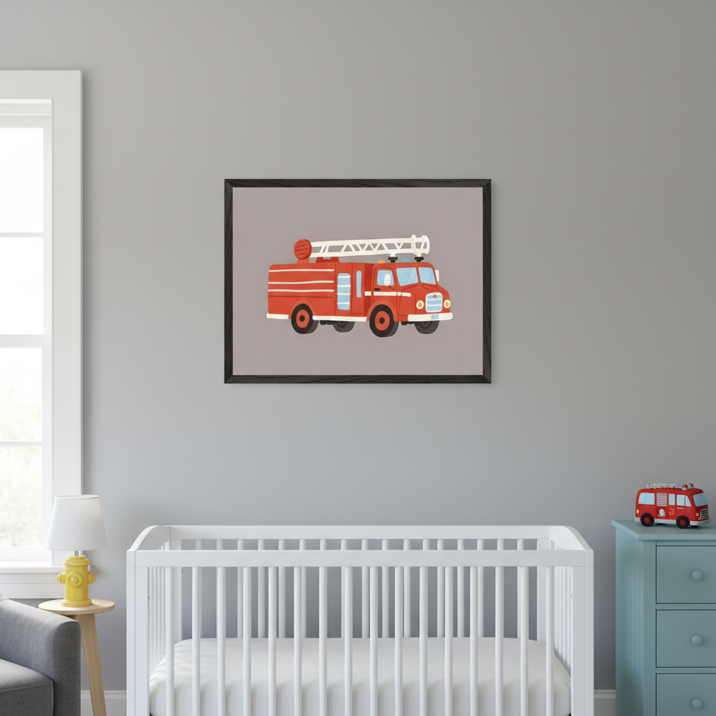 Modern nursery with a gray wall. A black-framed illustration of a red cartoon fire truck hangs centered above a white crib. A light blue dresser with a toy fire truck is on the right, a gray armchair and fire hydrant lamp on the left.