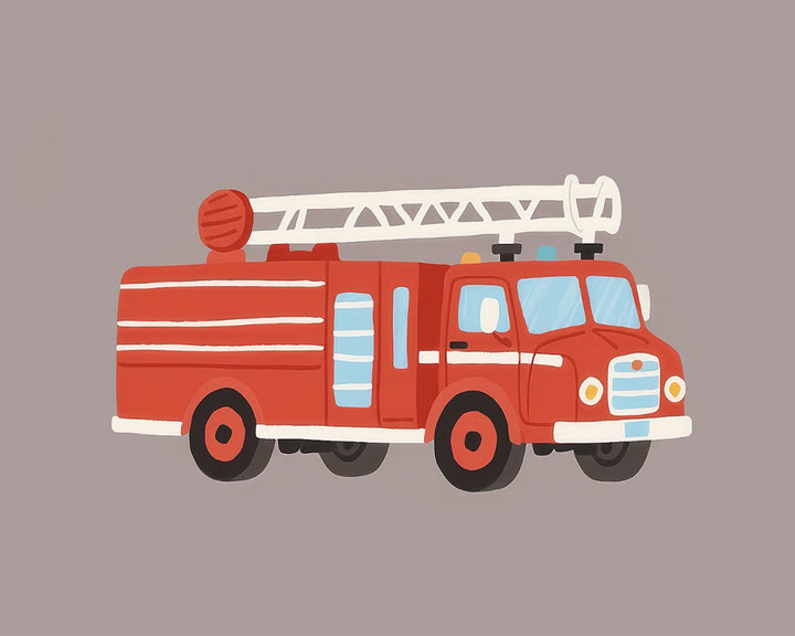 Illustration of a vintage red fire truck with a white ladder on top, featuring blue-tinted windows and bold, simple lines on a gray background.